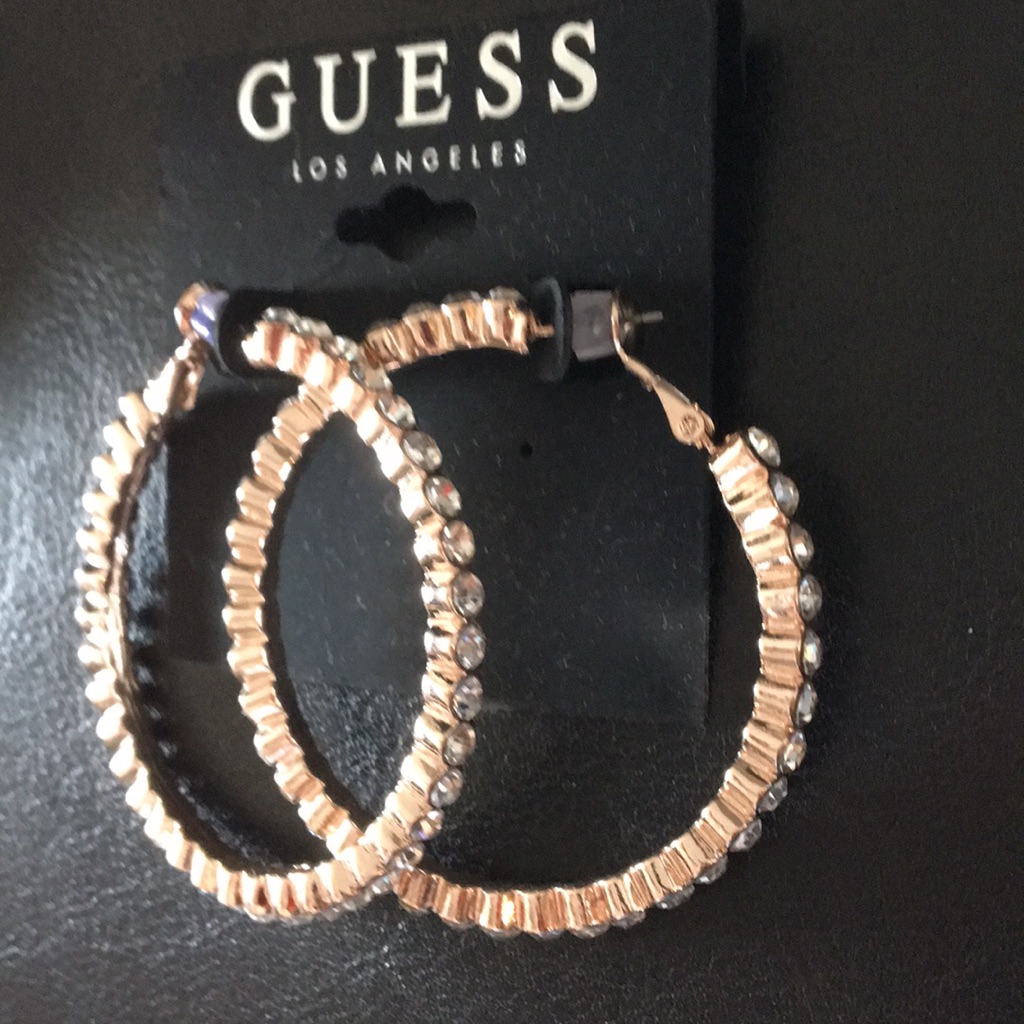 New Guess Bezel Set Crystal  Gold Hoops